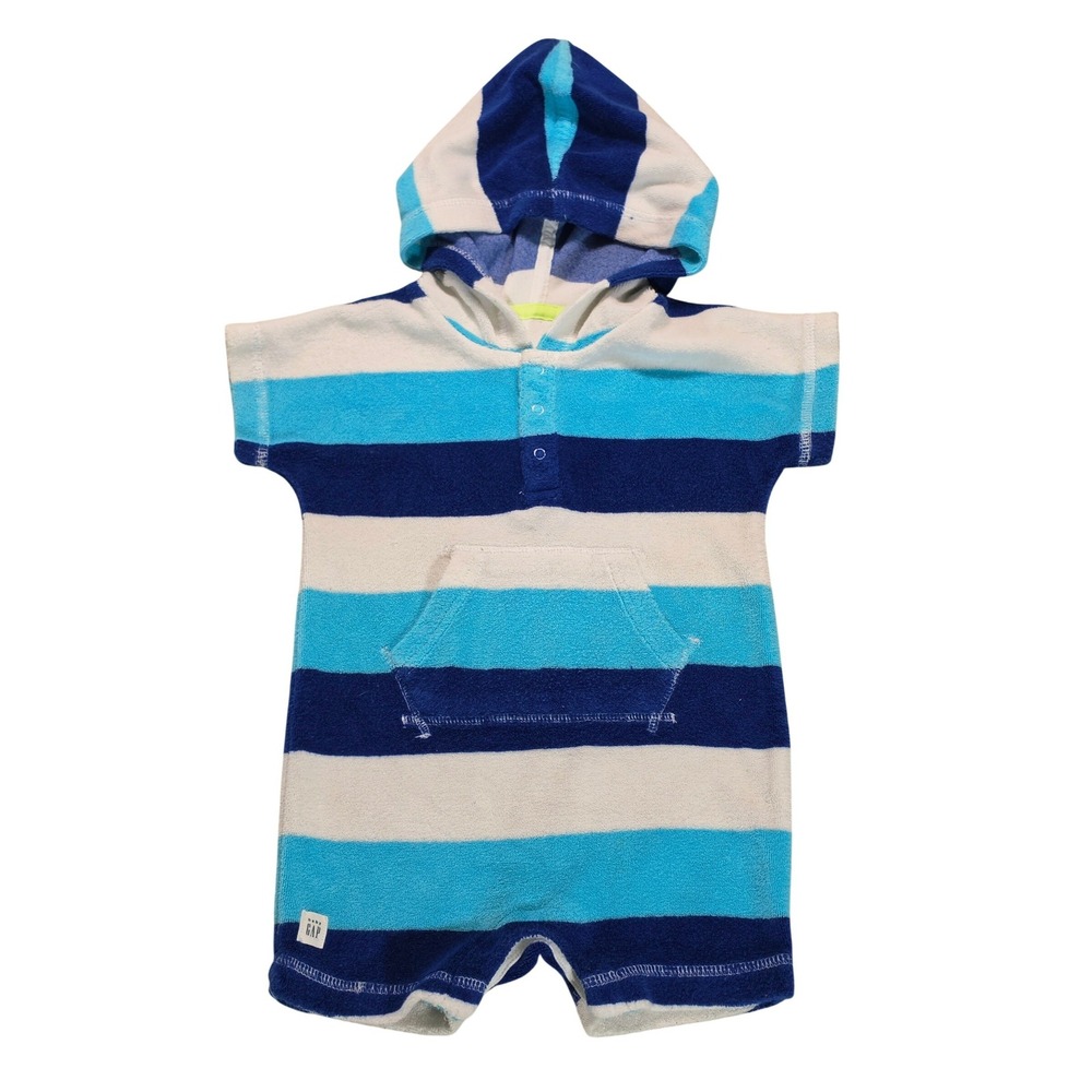 Baby Gap Terry Cloth Hooded Romper Blue White Striped Beach Coverup Kids 0-3M ?